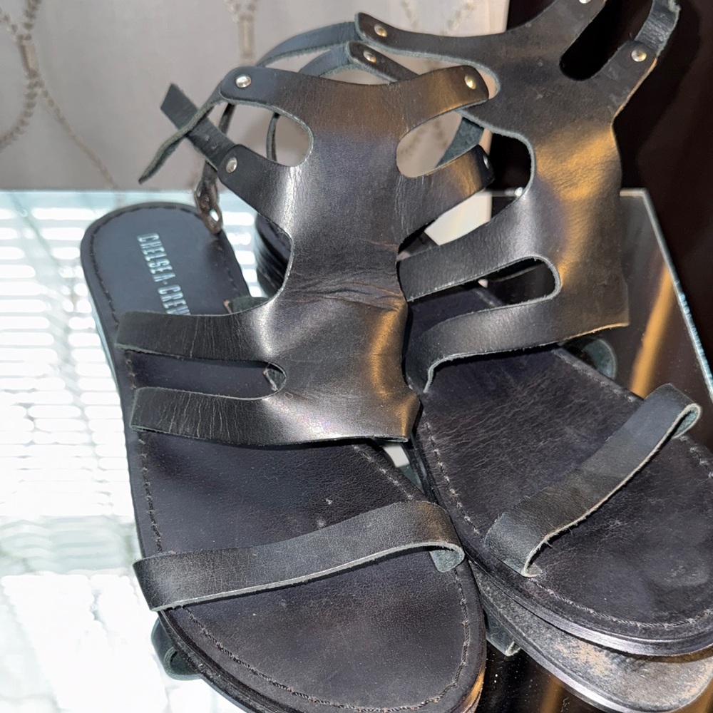 chelsea crew Black Leather Cutout Strappy Sandals